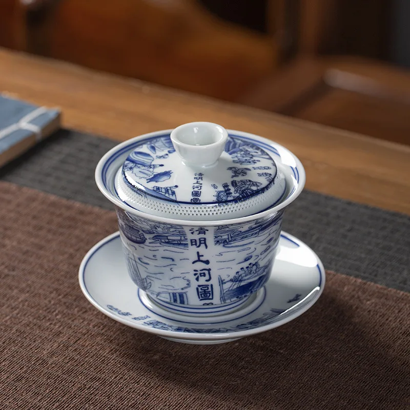 Фото Чашка для чая Gaiwan Qingming Shanghe, карта, вращающаяся вода, защита от ожогов, чаша из трех предметов, бытовой фарфоровый набор для кунг-фу №1