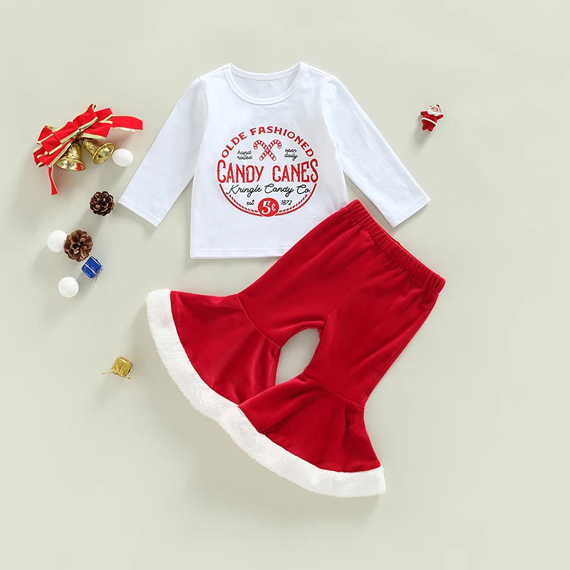 

Christmas Toddler Girls Clothing Autumn Outfit Sets White Long Sleeve Letter Print Tops + Red Flared Pants 2pcs Suit For 0-3Yrs