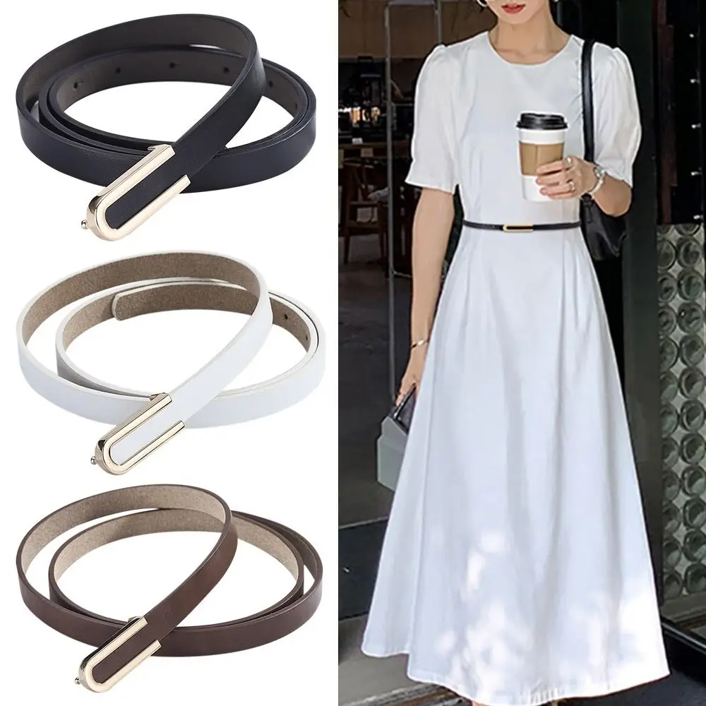 

Fashion Luxury Design Retro Vintage Metal U Buckle Waistband Trouser Dress Belts Thin Waist Strap Leather Belt
