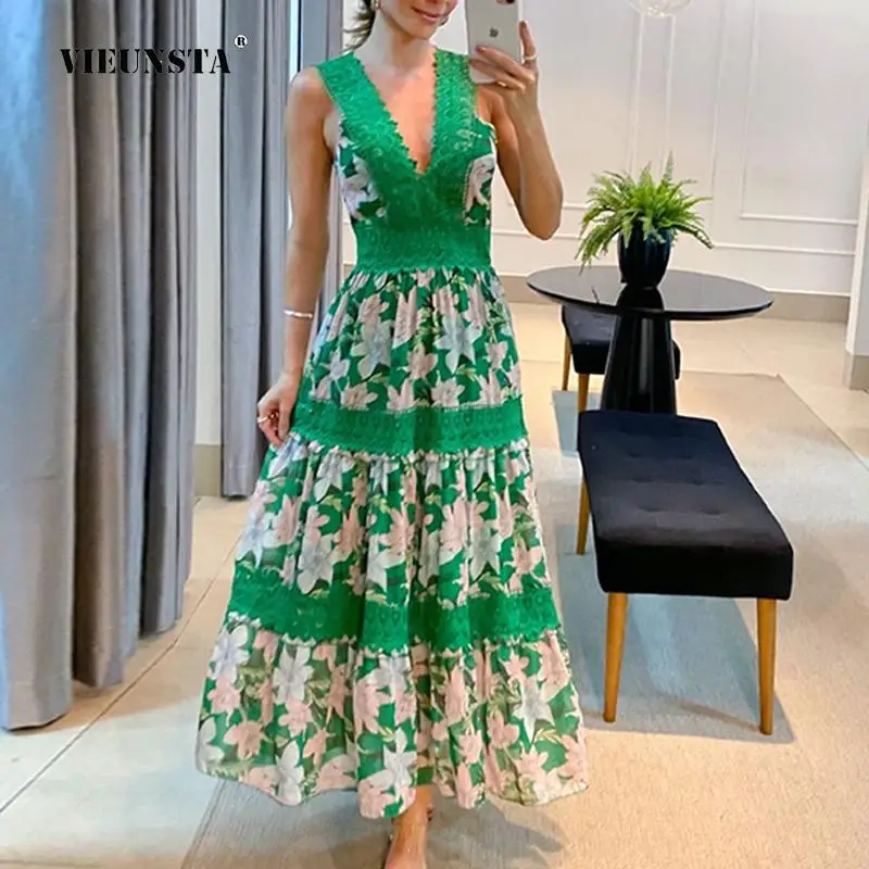 

Elegant A-Line Long Dress Fashion Lace Stitching Pleated Holiday Maxi Dress Women Sexy Slim V-Neck Flora Print Boho Party Dress