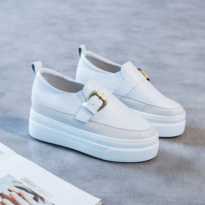 Black 7CM Platform Wedge Women Shoes Genuine Leather Slip on Buckle Hidden Heel Chunky Leather Women Sneakers Women Casual Shoes