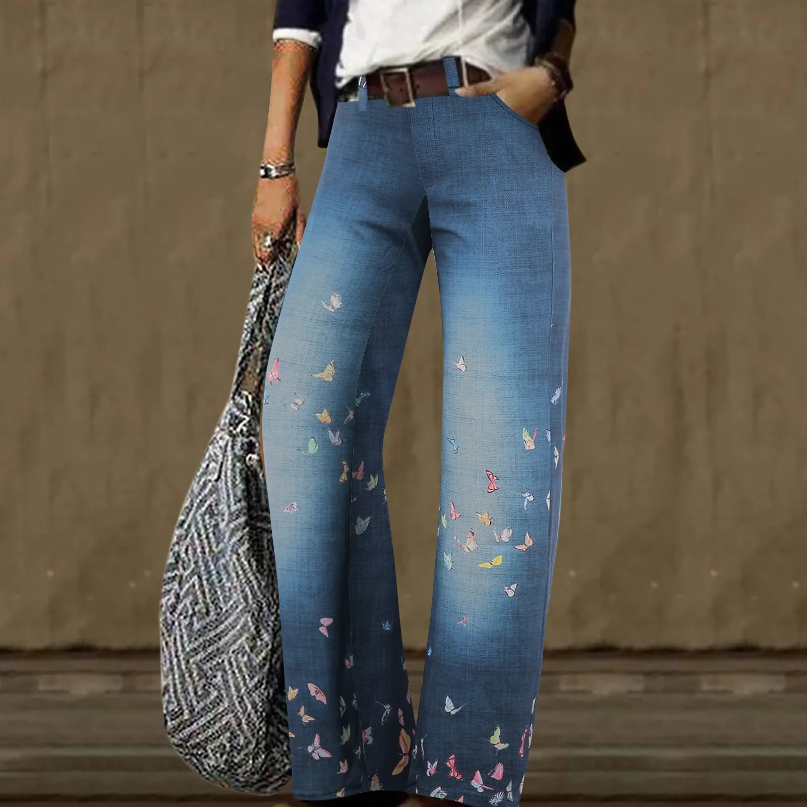 

Floral Printed Baggy Y2k Jeans Women's Multi Pockets High Waist Jeans Summer Button Wide Leg Pants Casual Loose Trousers 4