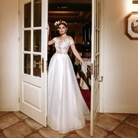 gorgeous white elegant wedding dress o neck appliques button short sleeves high quality bride church formal evening gown