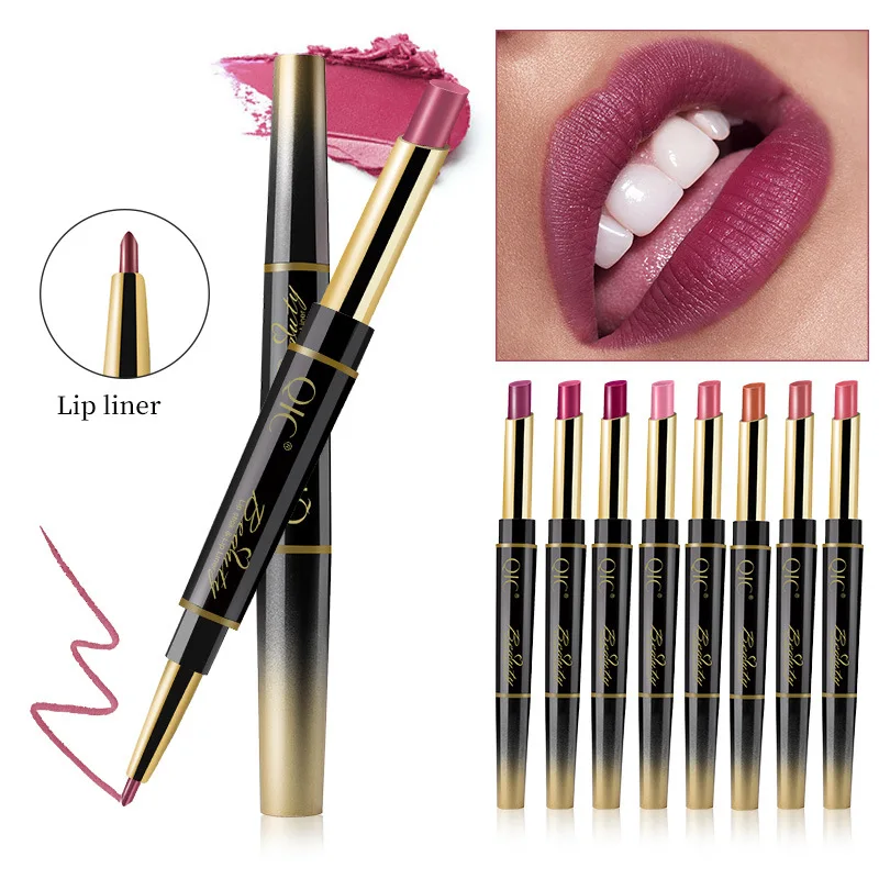 

2 in 1 double head automatic rotating non-stick cup lipstick lip liner waterproof and durable14-color matte lipstick tube makeup