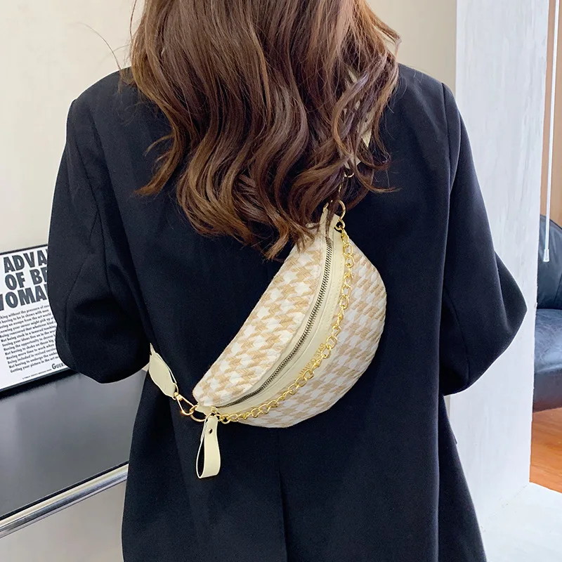 

Chain Crossbody Handbags Canvas One Shoulder Waist Bag for Women Designer Brand Fanny Pack Female Shopper Messenger Chest Purses