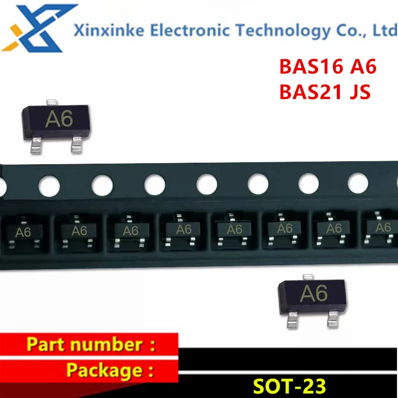 50 шт., коммутационный диод BAS16 A6 BAS21 JS SOT-23 250 В, 1,25 мА, trr = 50 НС, VF = 225 в @ мА, PD = МВт