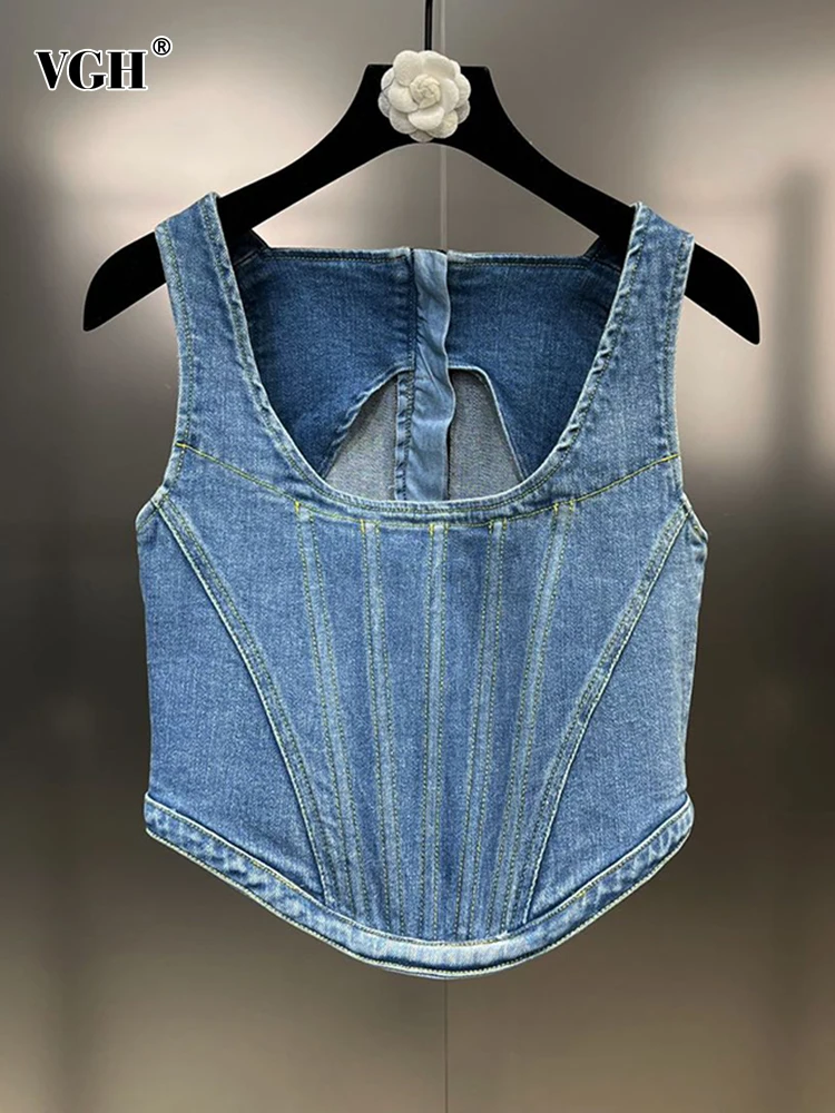 

VGH Solid Patchwork Zipper Denim Vest For Women Square Collar Sleeveless Tunic Slimming Sexy Vests Female Fashion Clothes New