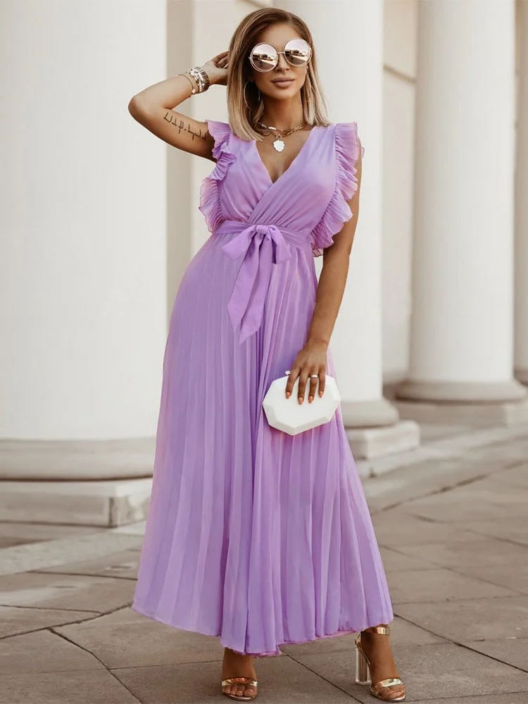 2023 Women's V Neck Ruffle Sleeve Solid Color A Line High Waist Casual Long Dress For Fashion