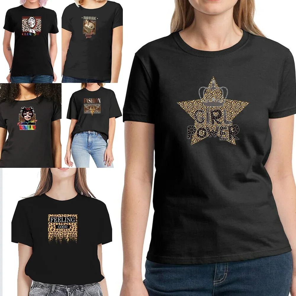 

Женская футболка с круглым вырезом, коротким рукавом и леопардовым принтом