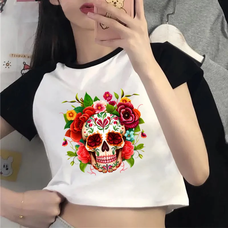 

T-shirts for Woman Skull Printed Fashion Crop Tops T Shirt Funny Summer Short Sleeve T-shirt Cropped Women Tshirt Tee Clothing