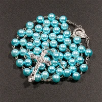 8mm religious christian jesus christ glass beads long cross pendant rosary necklace