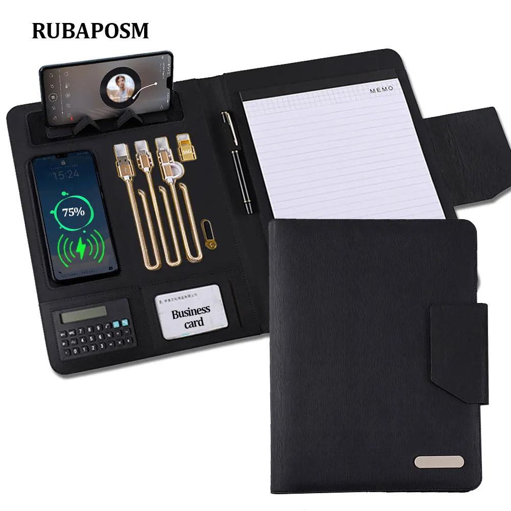 Rechargeable Padfolio Folder A4 Leather Business Portfolio  with 8000mah Power Bank Calculator 16G U Disk Notebook Men Briefcase