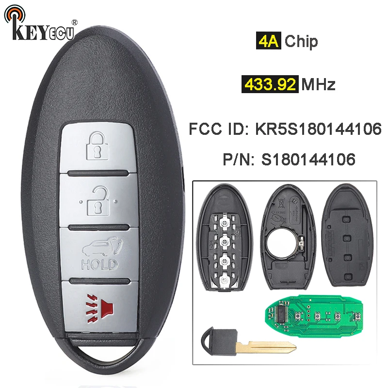 

KEYECU 433.92MHz 4A Chip P/N: S180144106 FCC ID: KR5S180144106 Smart Remote Car Key Fob 4 Button for Nissan Rogue 2014 2015 2016