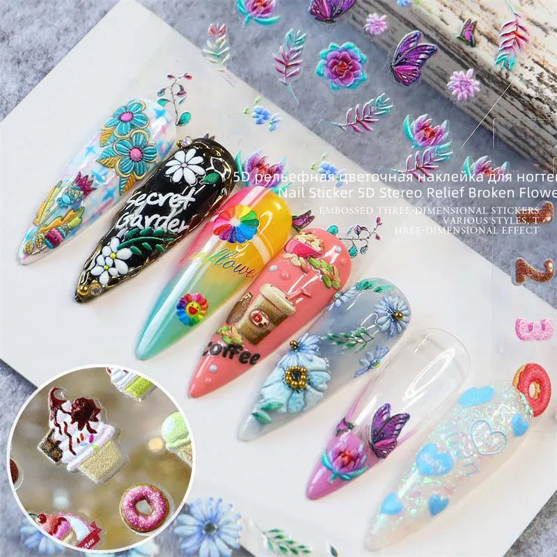 

1 Sheet Nail Sticker 5D Stereo Relief Broken Flower Series DIY Summer Party Going Out Professional Design of Fake Nails Press On
