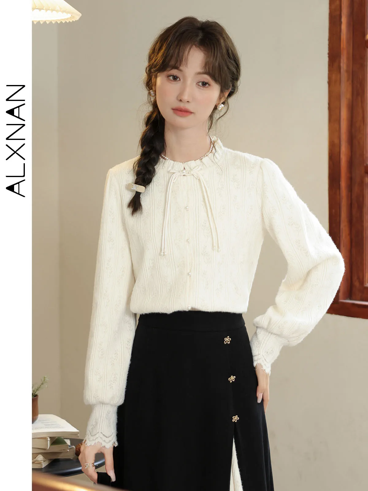 ALXNAN женская рубашка в неокитайском стиле осенняя повседневная с рюшами и