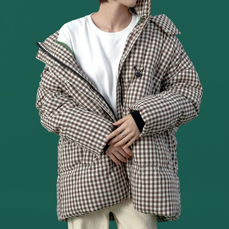 2023 Plaid Down Padded Jacket Women's Winter New Style Mid-length Thick Hooded High Street Casual Bread Coat Padded Jacket Women