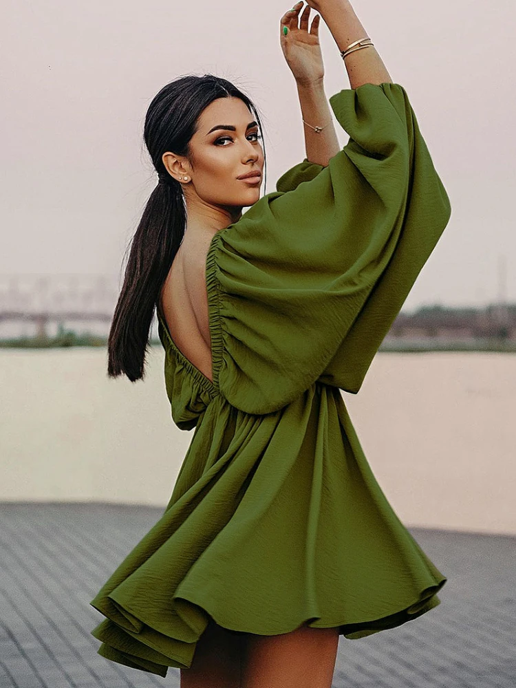 

Новинка весна-лето 2022, модные мини-платья с рукавами-фонариками и V-образным вырезом, соблазнительное эксклюзивное французское ретро-платье