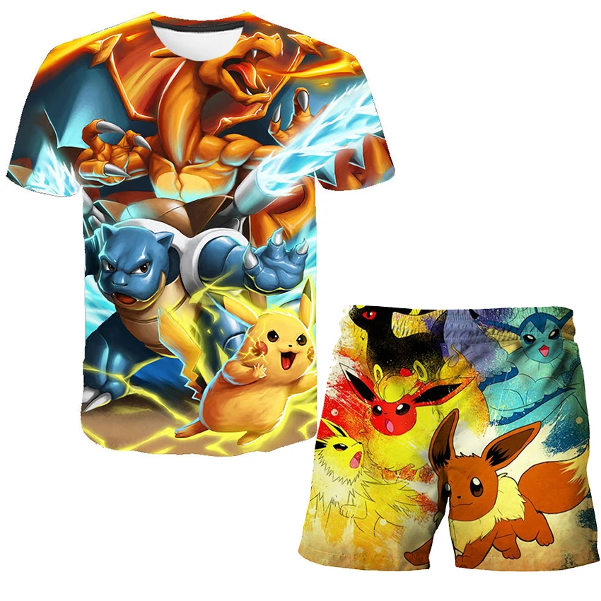 

Summer Children Japanese Anime Pokemon Tshirts Sets Clothes Baby Boys And Girls 3D Print Shorts 2Pcs Kids Casual Cartoon Clothes