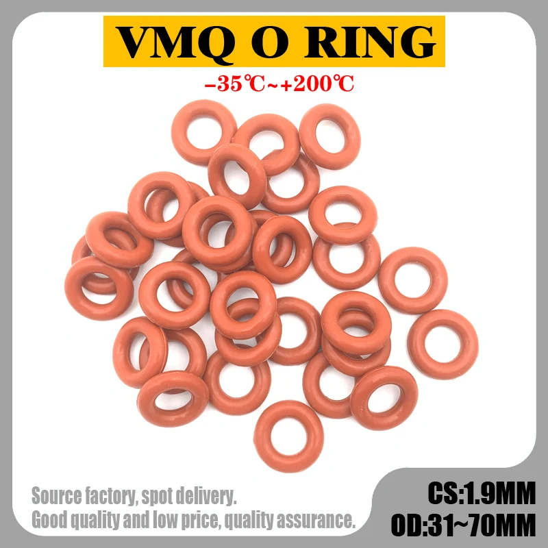 

20pcs Silicone O Ring CS 1.9mm OD 31mm ~ 70mm VMQ FoodGrade Waterproof Washer Rubber Insulated O Shape Red Seal Gasket