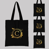 womens black shopping bag casual large capacity wreath letter initial name pattern printed canvas shoulder bag reusable