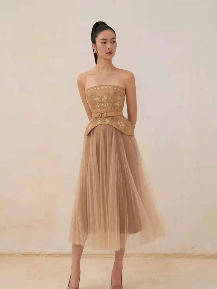 

Heavy Embroidery Bustier Sarong High Waist Half-body Skirt Two-piece Women Evening/Club Sexy Party Dress Quality Elegant Sets