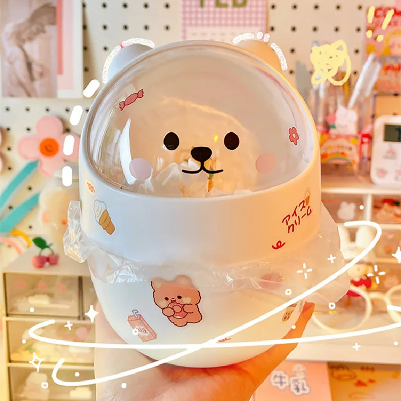 

Desktop Stationery Pen Holder With Lid Student Dormitory Trash Can Bucket Cute Bear Storage Box