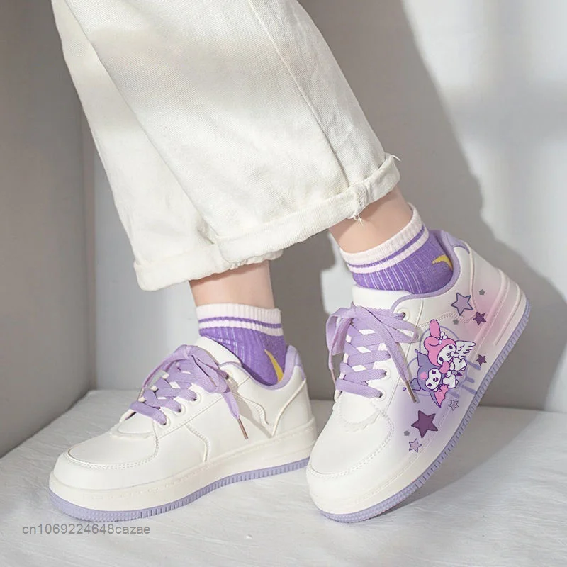 Sanrio Kuromi Chic Hand-painted Board Shoes Y2k Japanese College Style Student Flat Shoes Soft Small White Sneakers For Women