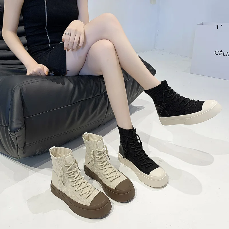 

Knitted Socks Boots Women Boot Thick-soled Short Boots Spring Autumn New Casual Canvas Shoes Thin Single Boot Trendy Women Shoes