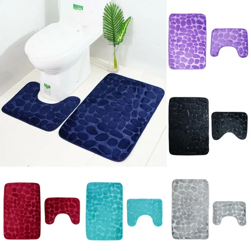 

2PCs/Set Bathroom Toilet Rug Mat Non Slip Extra Mat Suction Grip With Rubber Backing Funnel Cobblestone Bath Anti-slip Carpet