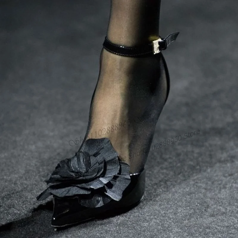 Сексуальные сандалии с черным цветочным декором женская обувь на высоком