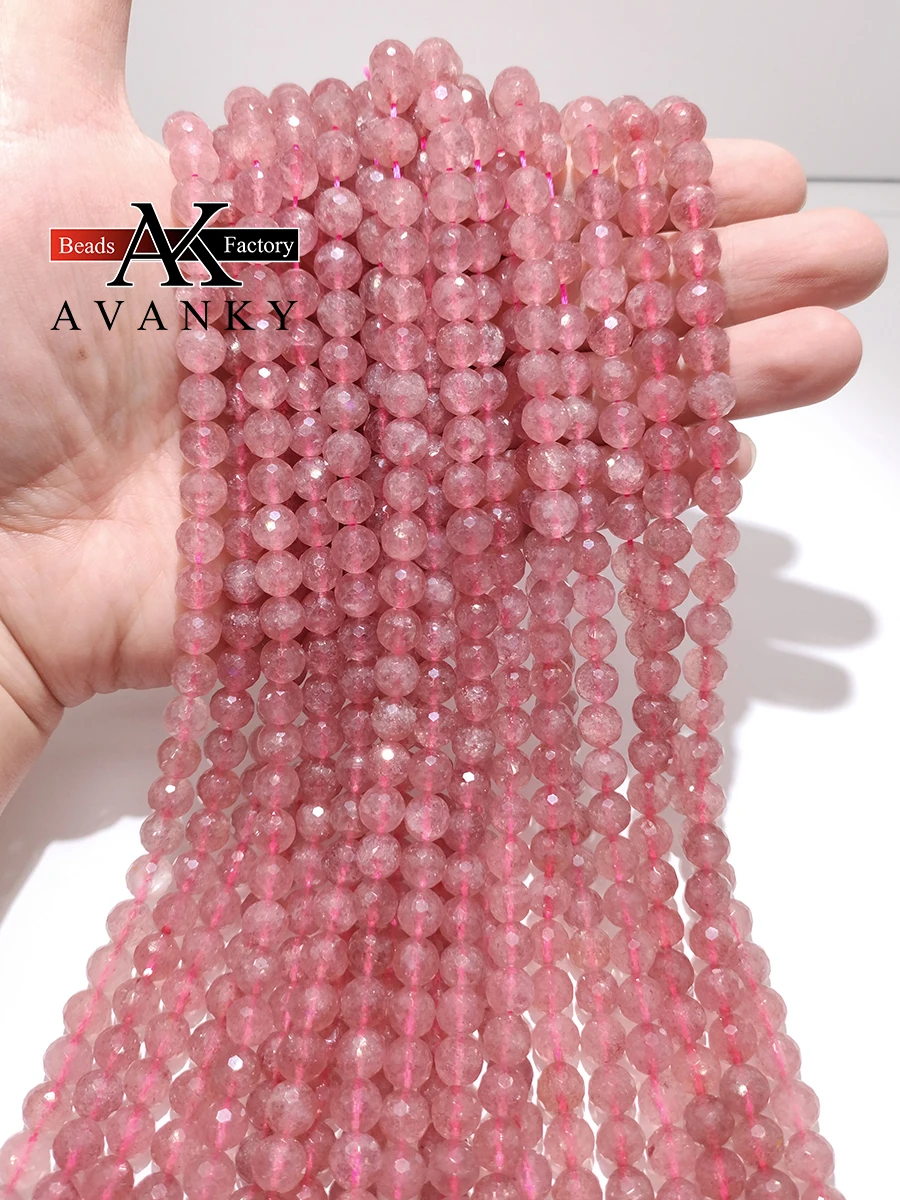 

Natural Stone Faceted Strawberry Crystal Quartz Charm Round Loose Beads For Jewelry Making Needlework Bracelet Diy Strand 8MM