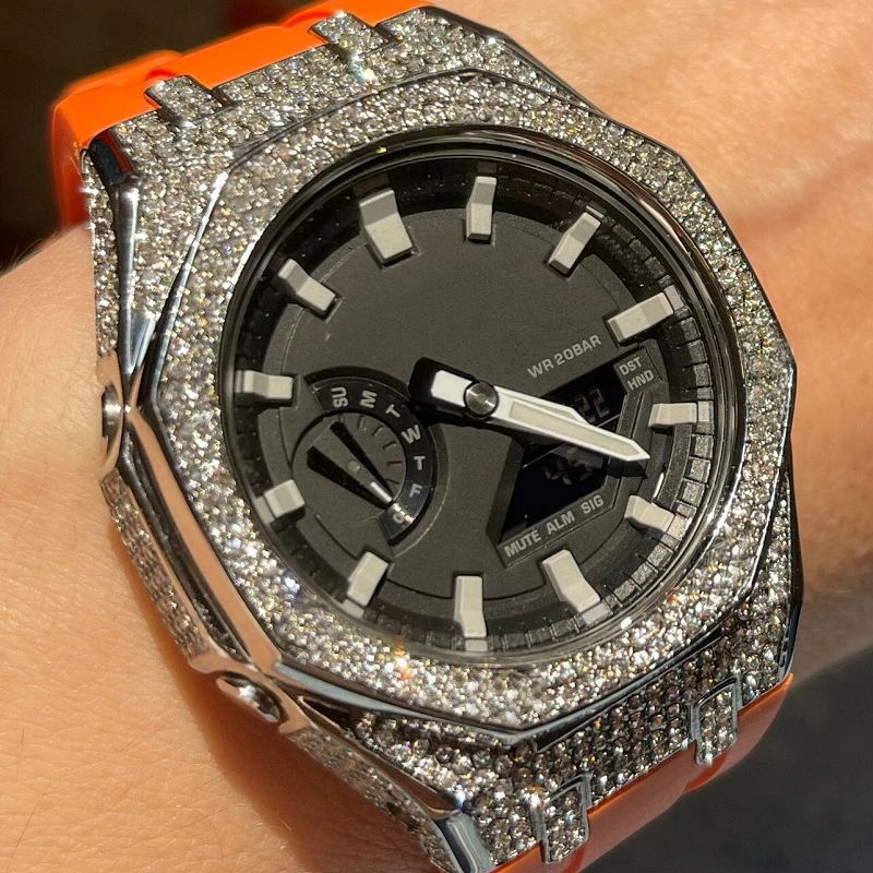 Diamond Case Rubber Strap Modification Kit for Casioak GA2100 GMAS-2100 Mod Kit Metal Steel Bezel for Casioak GA-2100/2110 Strap