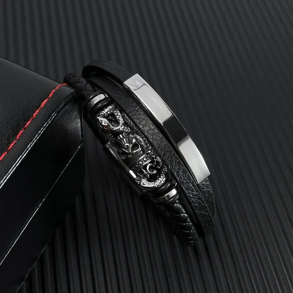 Многослойный кожаный Браслет-манжета CHUANGCHENG с змеиным черепом из нержавеющей