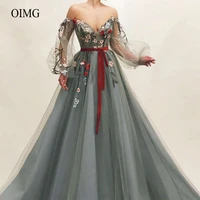 oimg dusty tulle puff long sleeves prom dresses off the shoulder embroidery lace applique evening gowns elegant occasion dress
