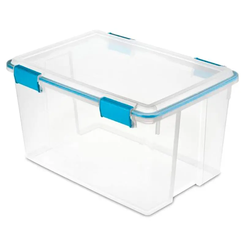 

Long Term Organizing Solution: 4-Pack of 54-Quart Clear Plastic Stackable Containers with Airtight Gasket Seal Latching Lids