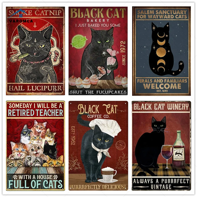 

Металлическая табличка в стиле ретро с изображением черной кошки и толстых животных