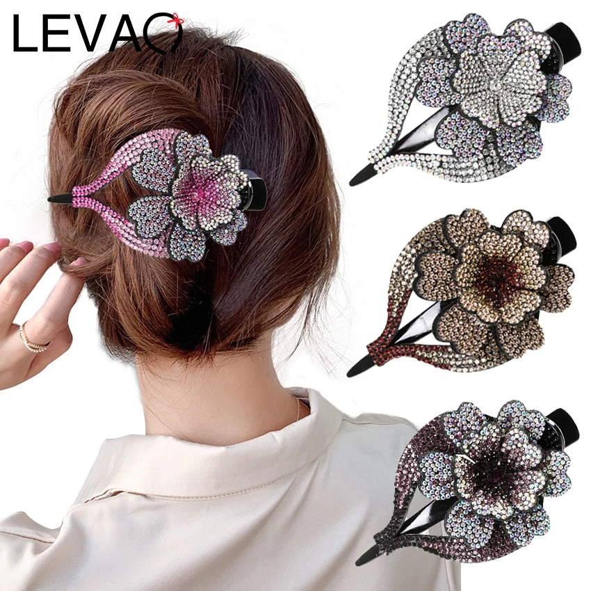 LEVAO Elegant Color Diamond Flower Hairpin Ladies Luxury Duckbill Clip Horsetail Buckle Hair Comb Fashion Headdress Barrette