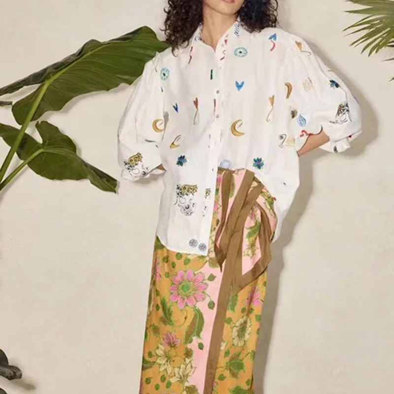 

Женский комплект из двух предметов, милая рубашка с длинным рукавом, отложным воротником и вышивкой из мультфильма, модные трендовые шорты ...