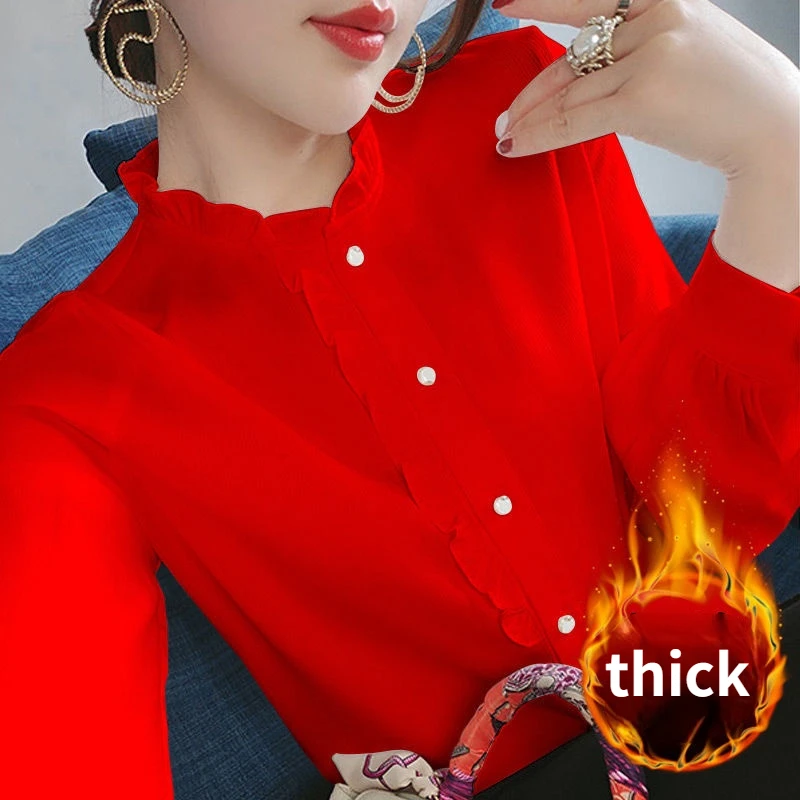 Осенне-зимняя однотонная флисовая блузка корейская мода элегантная рубашка для