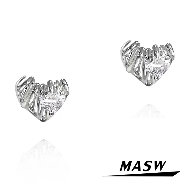 

MASW Original Design Zircon Heart Earrings Simply Jewelry High Quality Copper Silver Color Stud Earrings For Women Party Gift