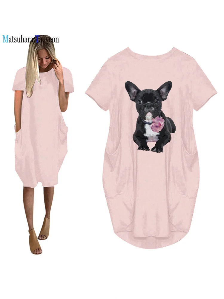 

Black French Bulldog Print Women Summer Short Sleeve Dress With Pocket Ladies O Neck Female T Shirt Dress Loose Oversize 5XL