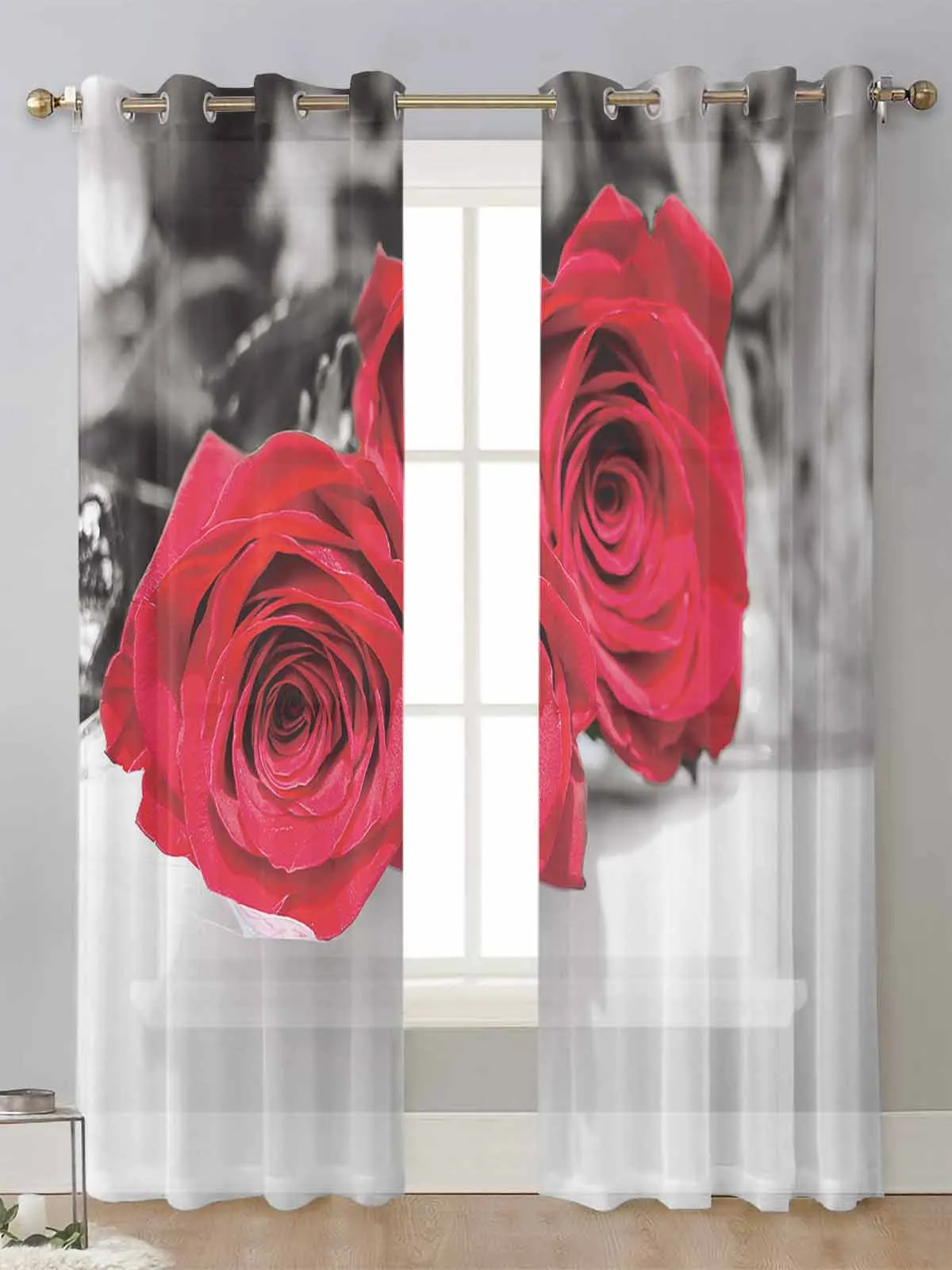

Red Rose Flower Sheer Curtains For Living Room Window Screening Transparent Voile Tulle Curtain Cortinas Drapes Home Decor