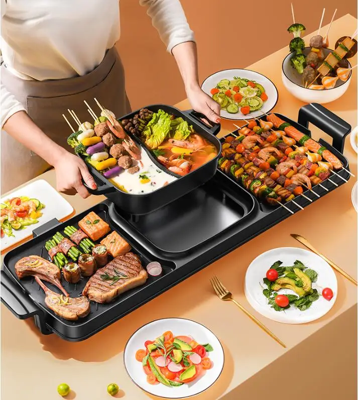 220v 2 in 1 household electric grill hot pot electric barbecue grill multi function bbq machine frying pan free global shipping