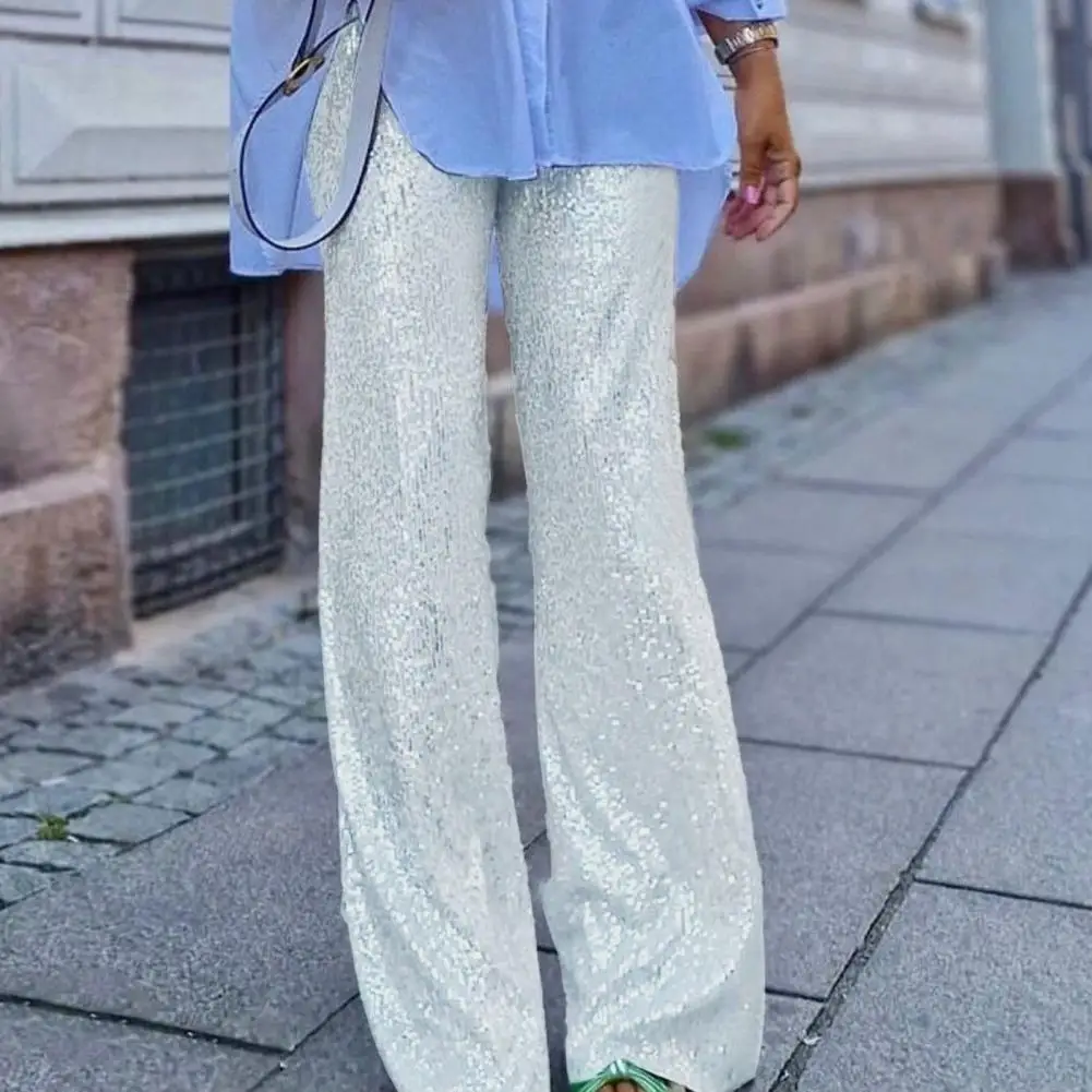 

Silver Sequin Female Trousers High Waist Casual Luxury Party Outfit Trousers Fashion High Street Straight Legg New
