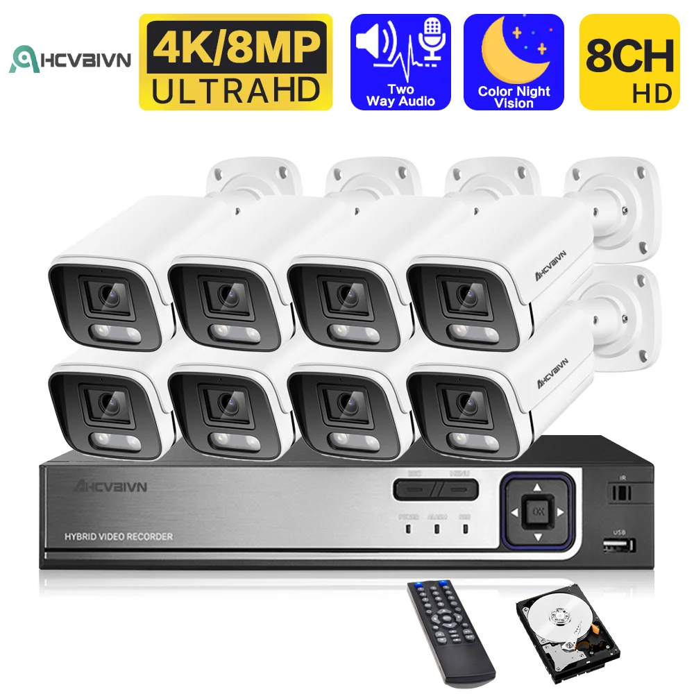 

8CH 4K POE NVR Security System Color Night Vision 8MP Home CCTV Bullet Camera Set Video Surveillance System Kit 2Way Audio