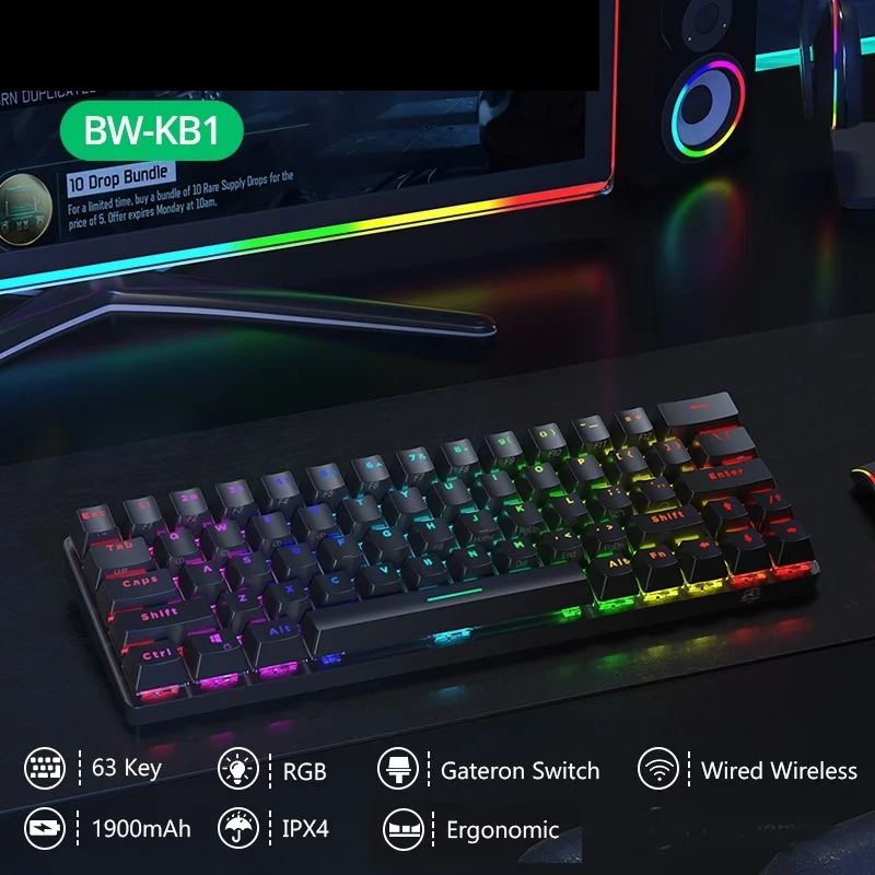 

BW-KB1 Wireless bluetooth-compatible Keyboard Gateron Black Switch RGB 63 Keys Layout NKRO Type-C Mechanical Gaming