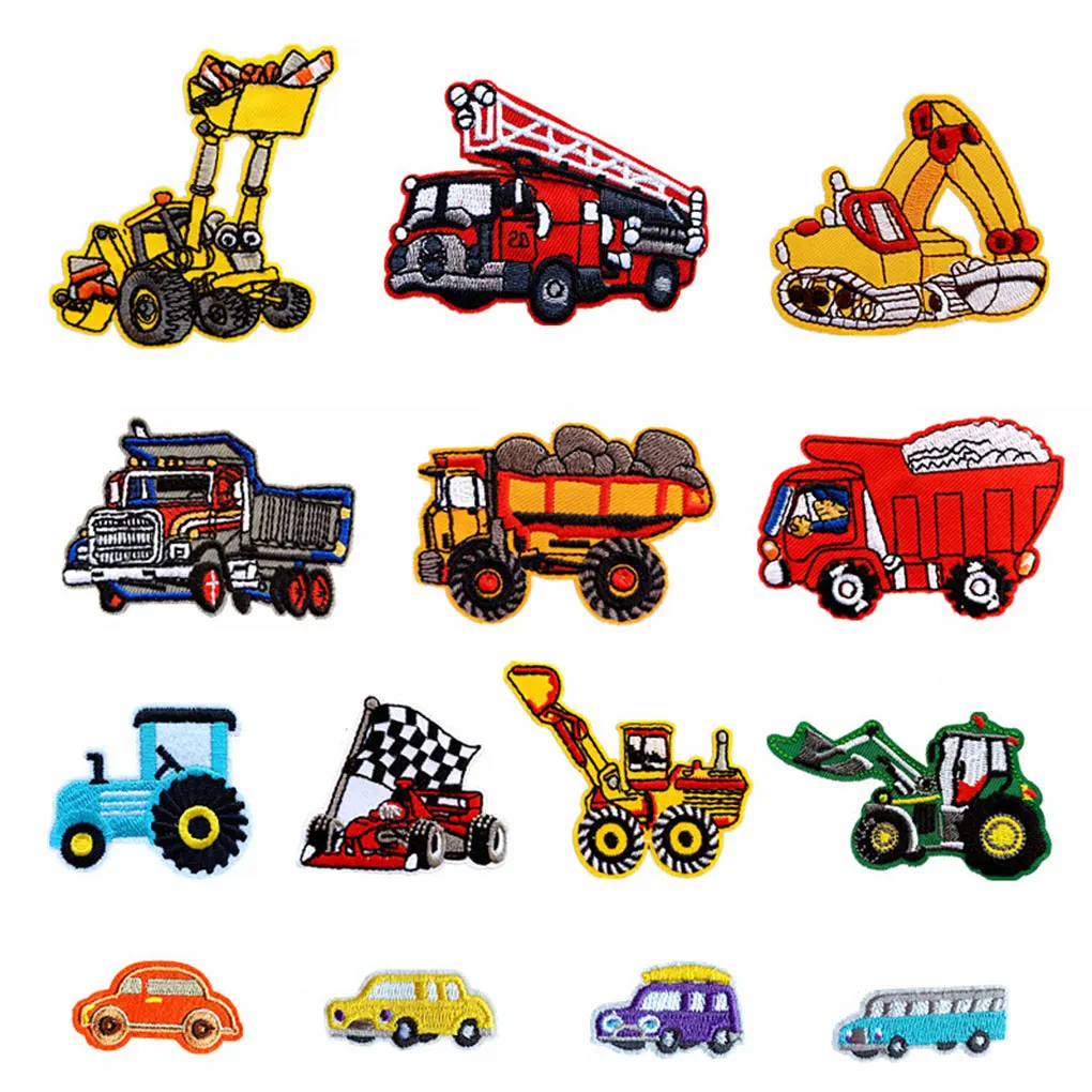

Cartoon Car Embroidery Fire Truck Excavator Patches Cotton Blend Embroidered Badge Clothes DIY Patches Repairing Tools