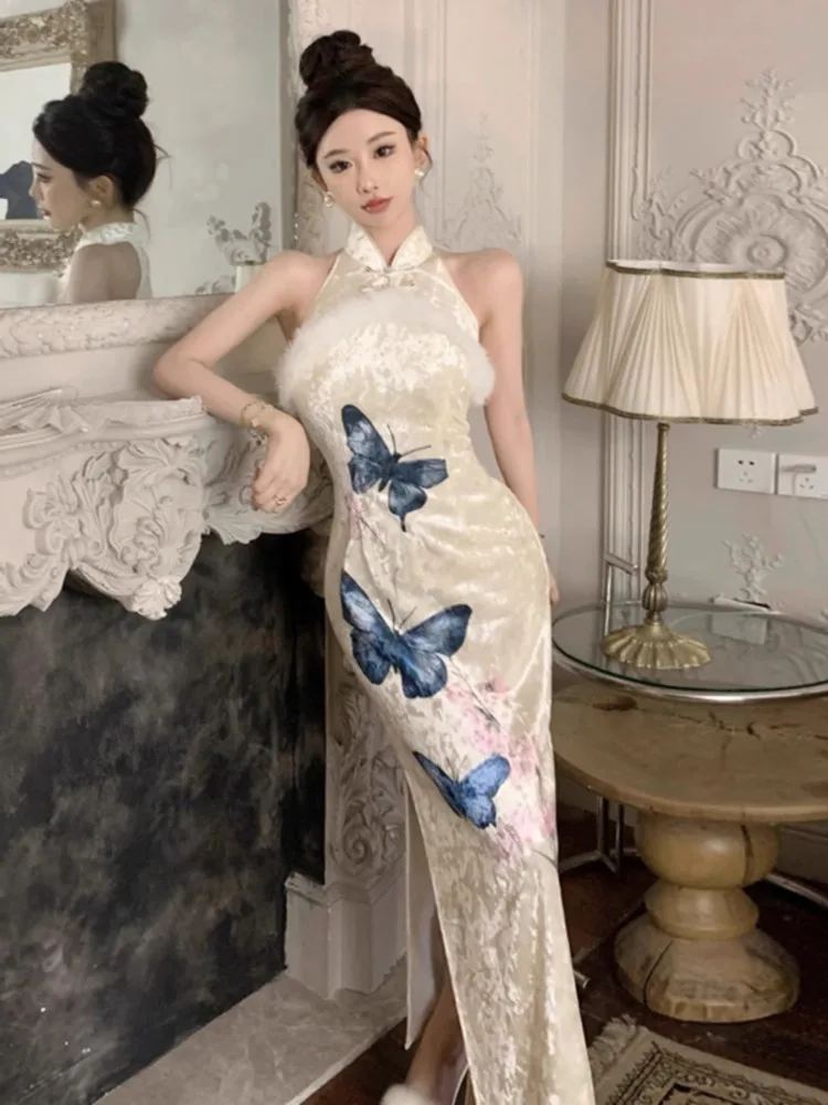 Ezgaga платья женские сексуальные элегантные пушистые лоскутные бархатные без