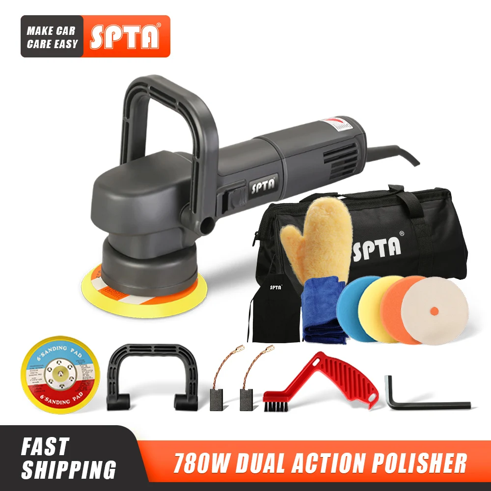 SPTA 5 Inch 125mm 780W Dual Action Car Polishing Machine 8mm Random Orbital DA 6 Variable Speed with Foam Pads Accessories