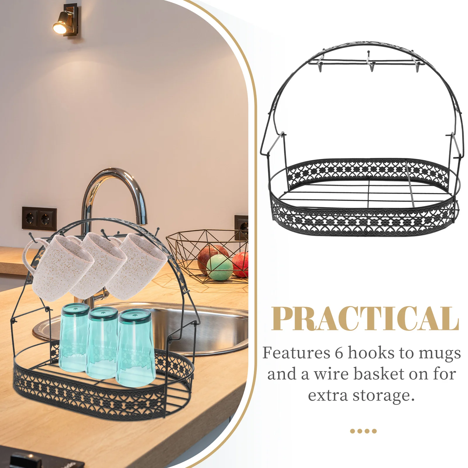 

Mug Cup Holder Coffee Rack Stand Organizer Tea Storage Display Tree Iron Drying Basket Cups Hanger Tray Drainer Hook Hanging